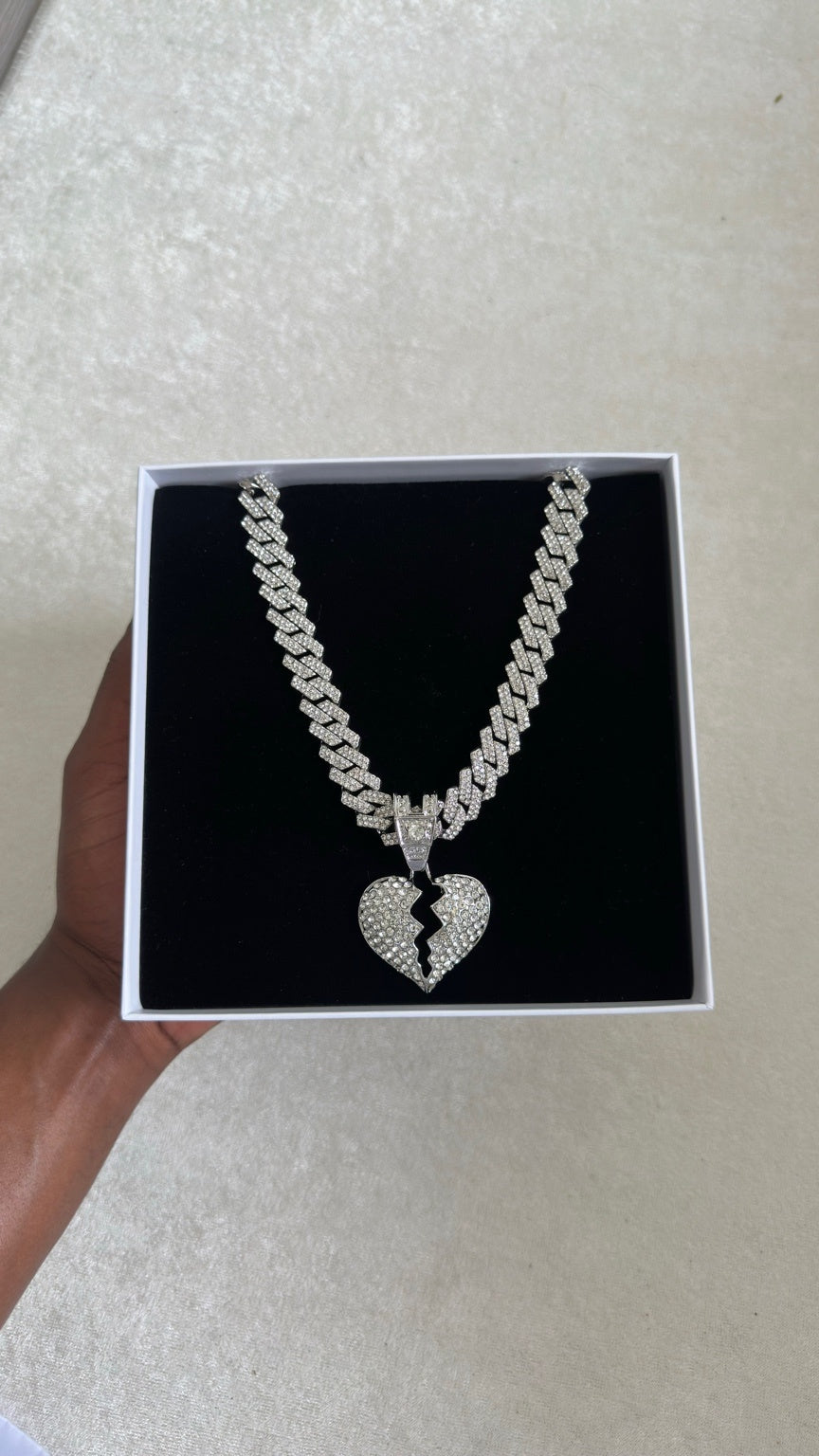 Iced Broken Heart Cuban Link Chain Necklace