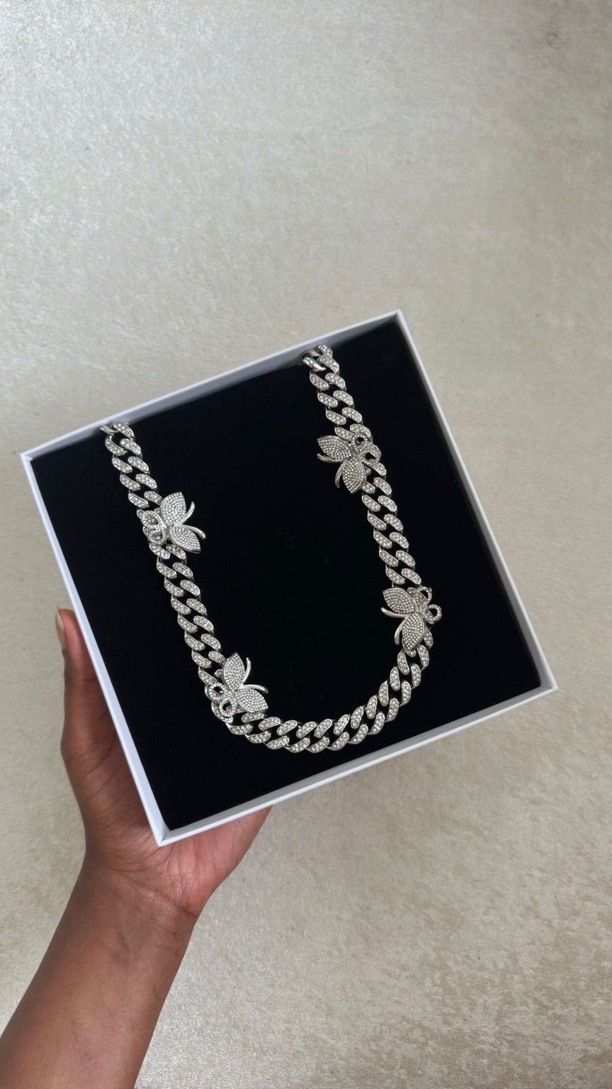 Iced Butterfly Cuban Link Chain Necklace (Silver)